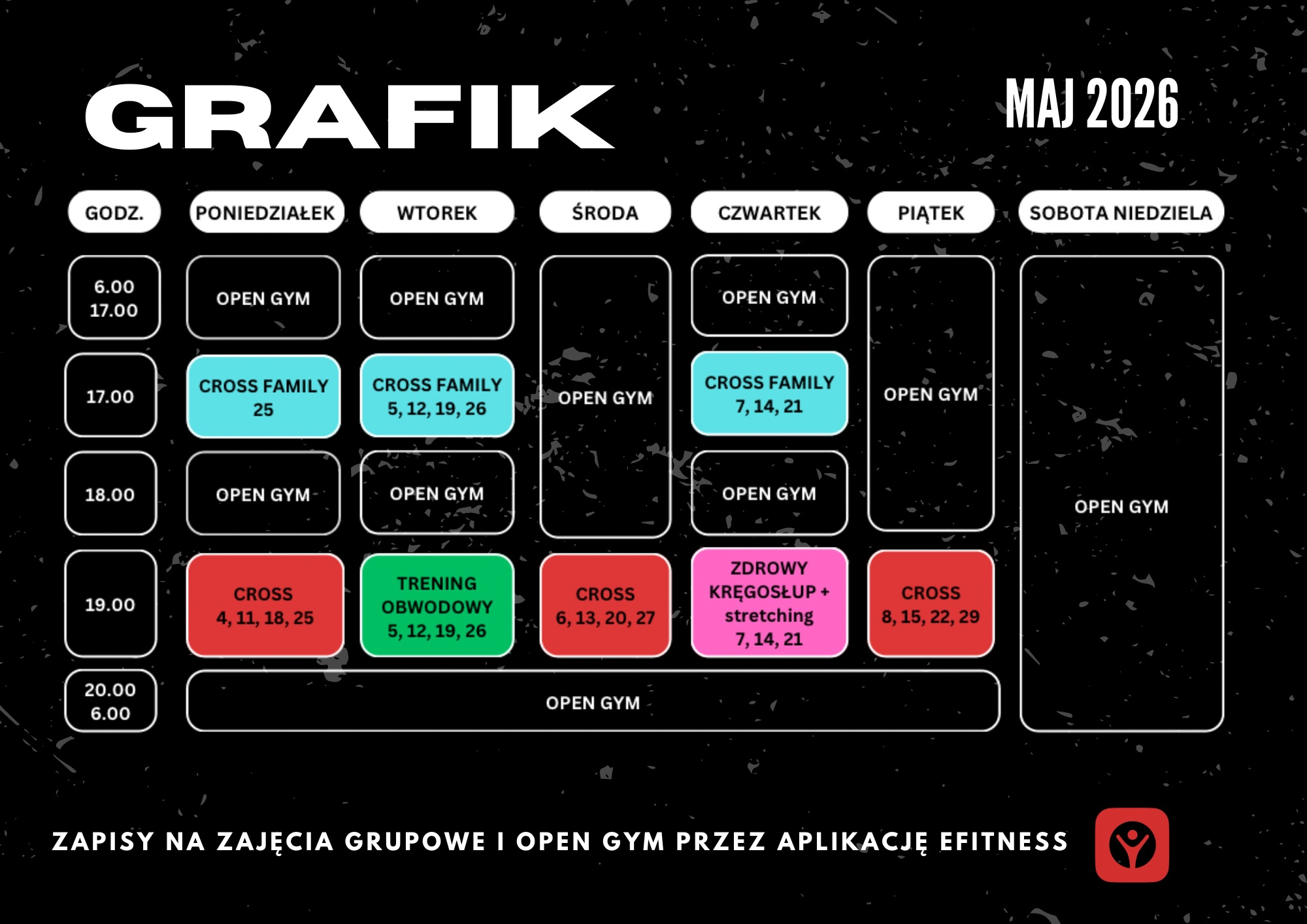 Grafik zajęć CRAB GYM — maj 2026